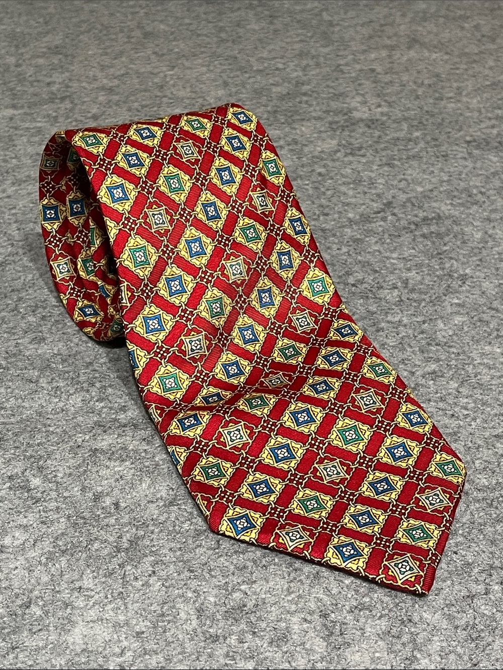 Fendi Red Silk Tie with Multicolour Geometric Motif
